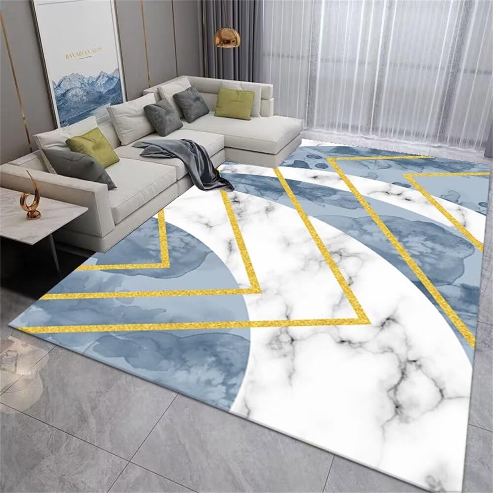 Tapis de sol salon moderne effet marbre bleu | Lavable 50x80cm