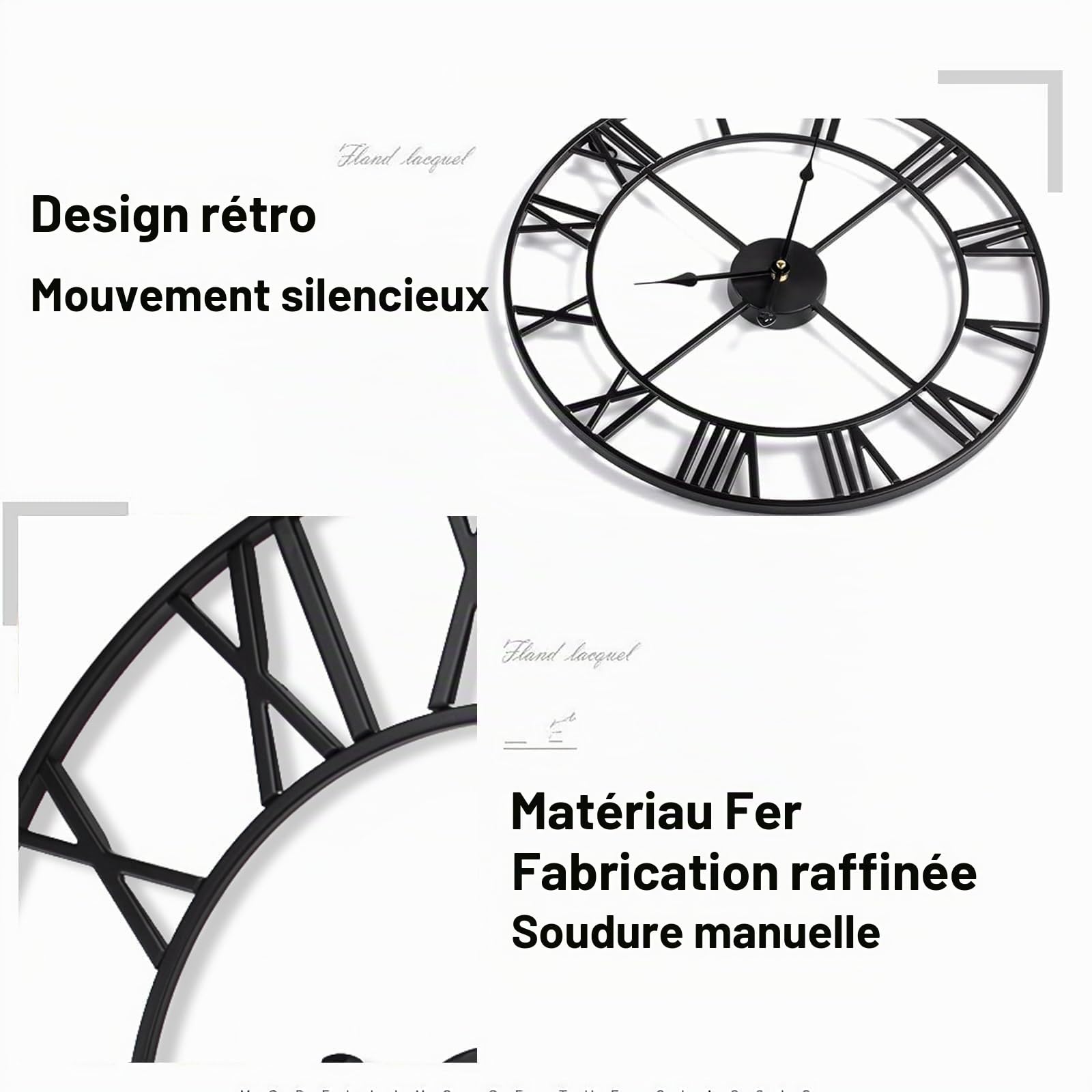 GUDEMAY Horloge Murale Design Moderne Vintage 50 cm Silencieuse Métal Chiffres Romains Noir