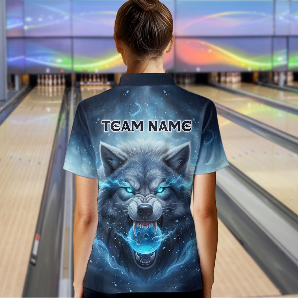 Wolf Bowling Shirts for Team Men Women Custom Blue Wolf Bowling Jersey Bowling Polo and 1/4 Zip Bowling Shirt for Couples