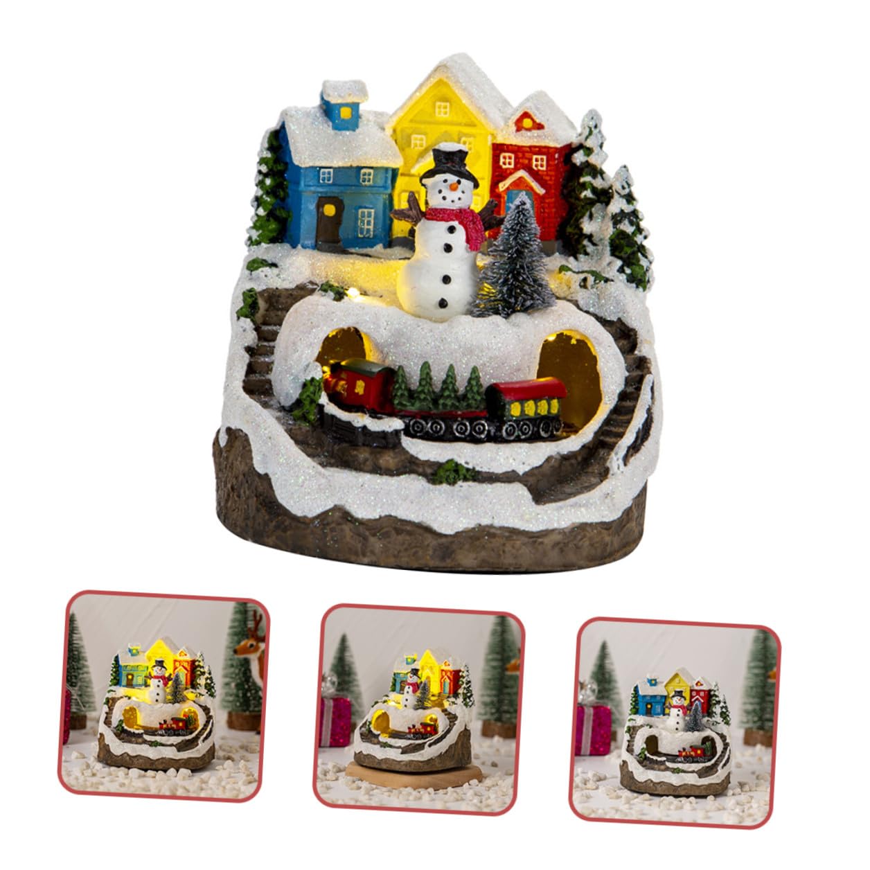 BESTYASH Statuina Casa Natalizia Illuminata con Musica e Trenino Decorazione da Scrivania Compatta per Feste di Natale Regalo per Anniversario Decorazione Villaggio in Miniatura