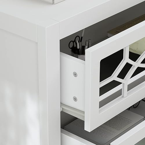 Miniatura 4 de Hitow Mesita de noche blanca con 3 cajones espejados, armario de almacenamiento de madera con espejo, mesa auxiliar decorativa para espacios