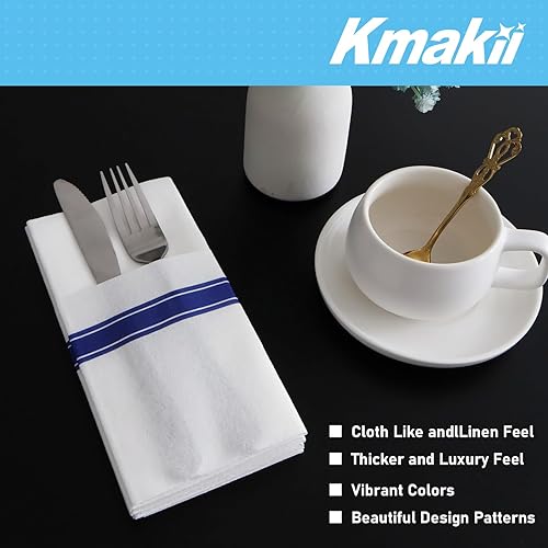 Miniatura 4 de KMAKII Paquete de 100 servilletas de papel con bolsillo integrado para cubiertos desechables para fiestas, bodas, eventos, tacto de lino, 16 x 16