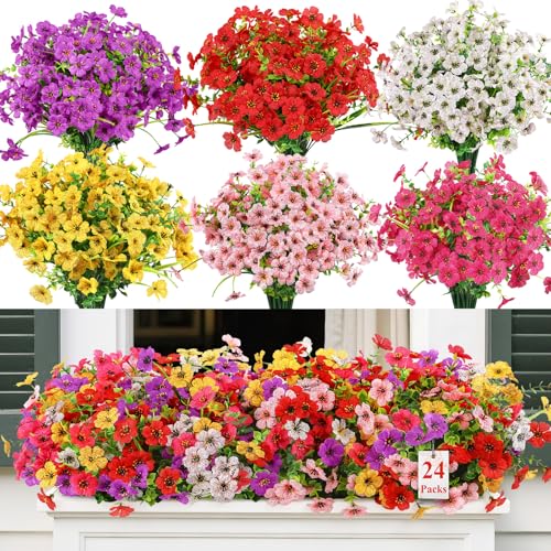 Alupssuc 24 Bundles Artificial Flowers Outdoor Decoration Mixed 6 Colors Violet Plastic Fake Flowers Plants for Indoor Outdoor Hanging Baskets Garden Porch Window Home Vases Wedding Farmhouse Decor