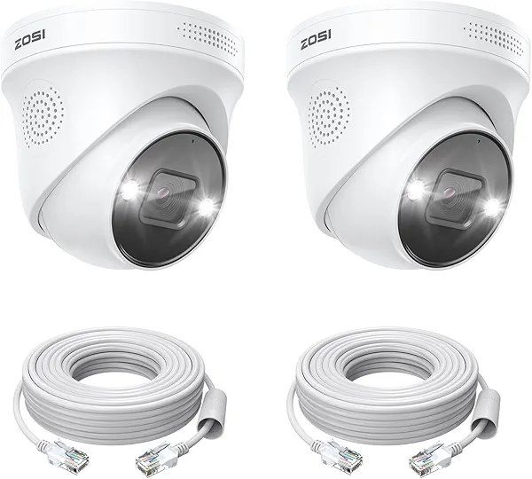 ZOSI 2PK 4K 8MP Security PoE IP Camera with Ethernet Cables,Person/Vehicle Detection,Night Vision,Sound & Light Alarm,2-Way Audio,Weatherproof Outdoor Dome Camera Only Compatible with ZOSI 4