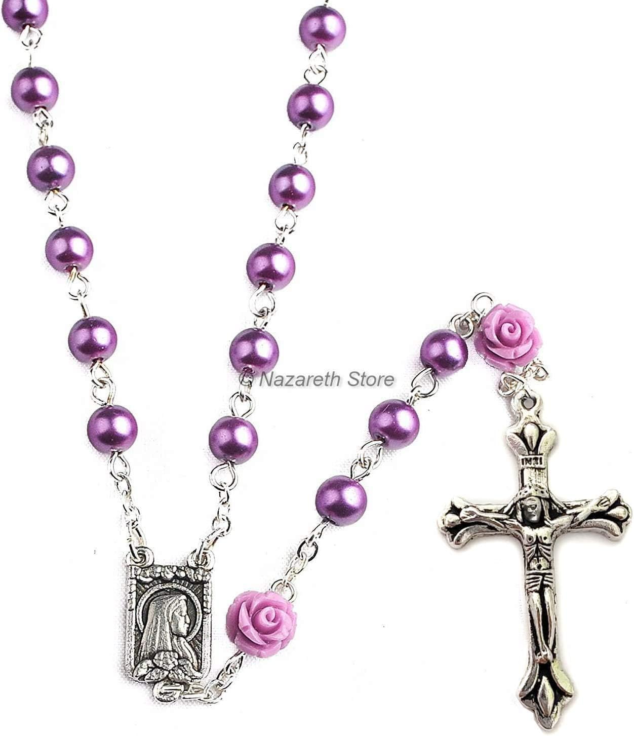 Nazareth Store Catholic Purple Pearl Beads Rosary Necklace Our Rose Lourdes Medal & Cross NS - Image 7