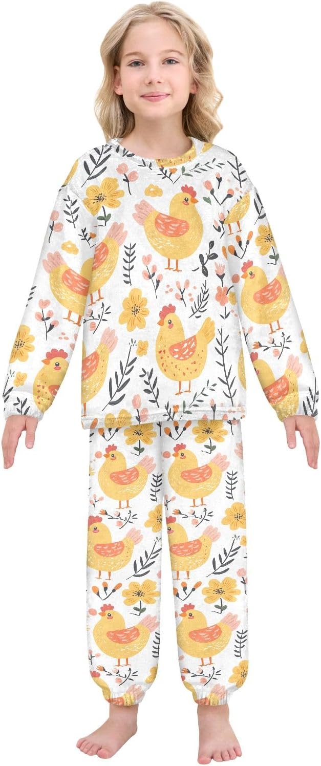 Kids Flannel Sets Chick Flowers Warm Plush Relaxed Clothing for Boys and Girls