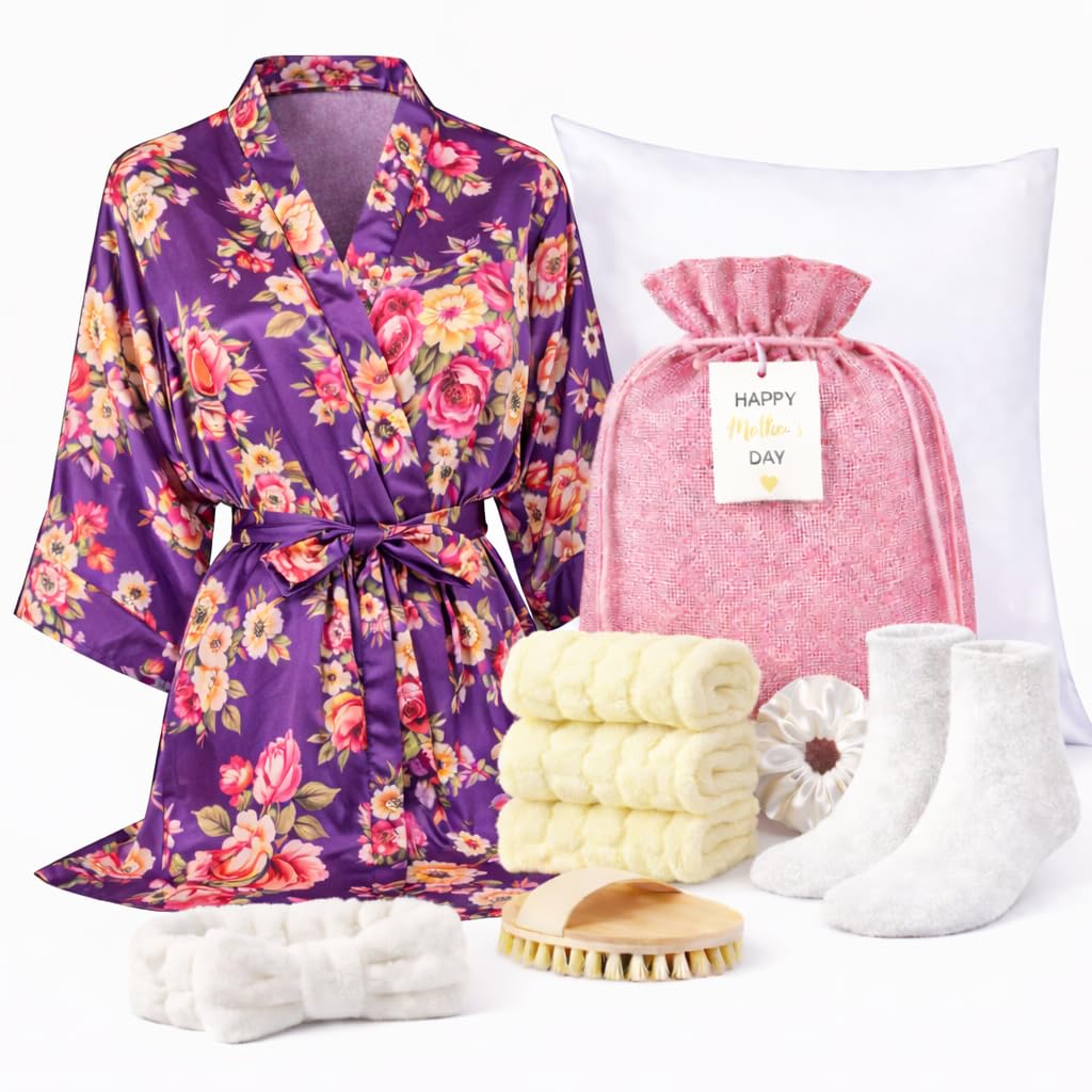 Mother’s Day Spa Gift Set for Women – Luxury Self Care Gift "Basket", Purple Floral Satin Robe, Satin Pillowcase, Scrunchie, Headband, Fuzzy Socks, Dry Brush, Washcloths, Gift Bag