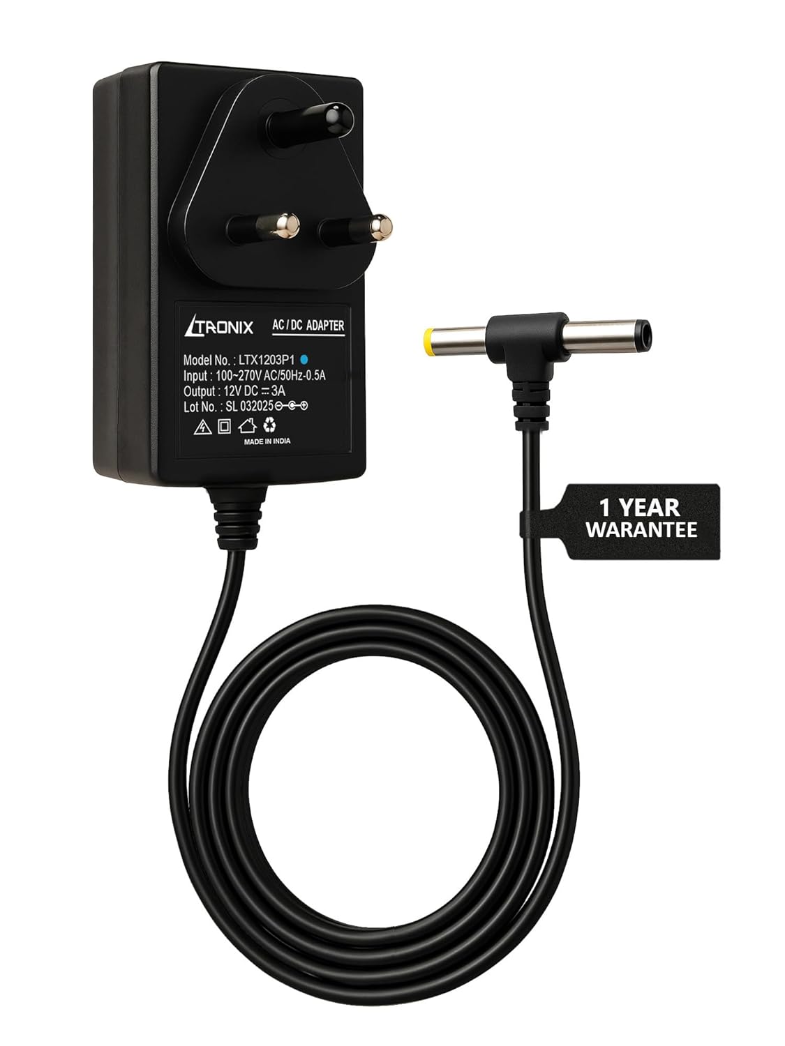 12V 3A Power Adapter, DC 36W, 4mm and 5.5mm Dual Pin, for Led Striplight, CCTV Camera, Dc Motor, NVR, DVR & Other Compatible Devices, Black