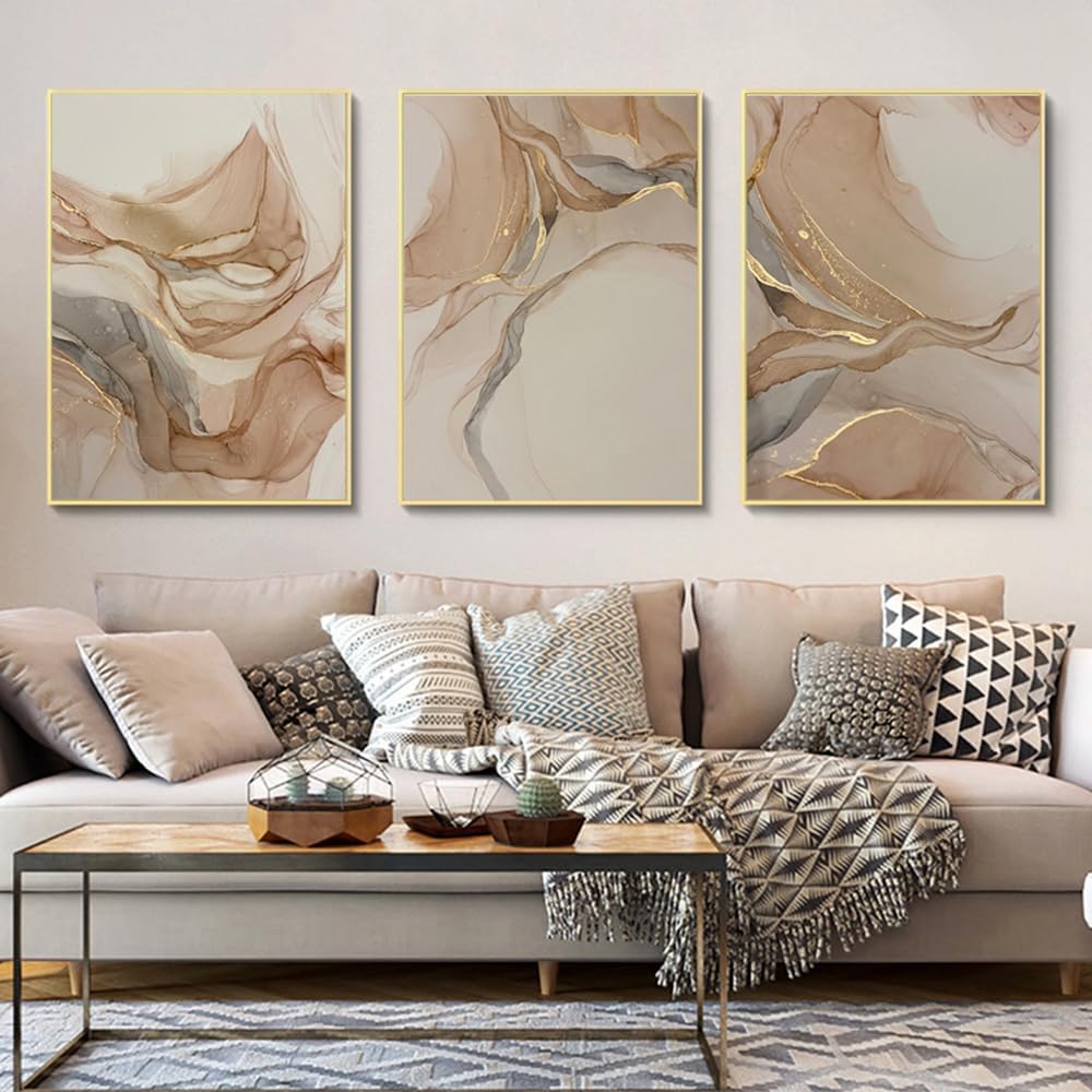 EGJEPWFH Modern Marble Texture Beige Blue Gold Art -Fluid Picture Nordic Style Wall Decoration Abstract Art Wall Pictures(40x60cmx3/NO frame)