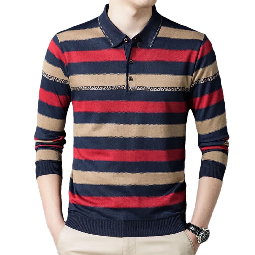 Camiseta polo de manga larga con botones a rayas para hombre, para negocios, ajustada, holgada