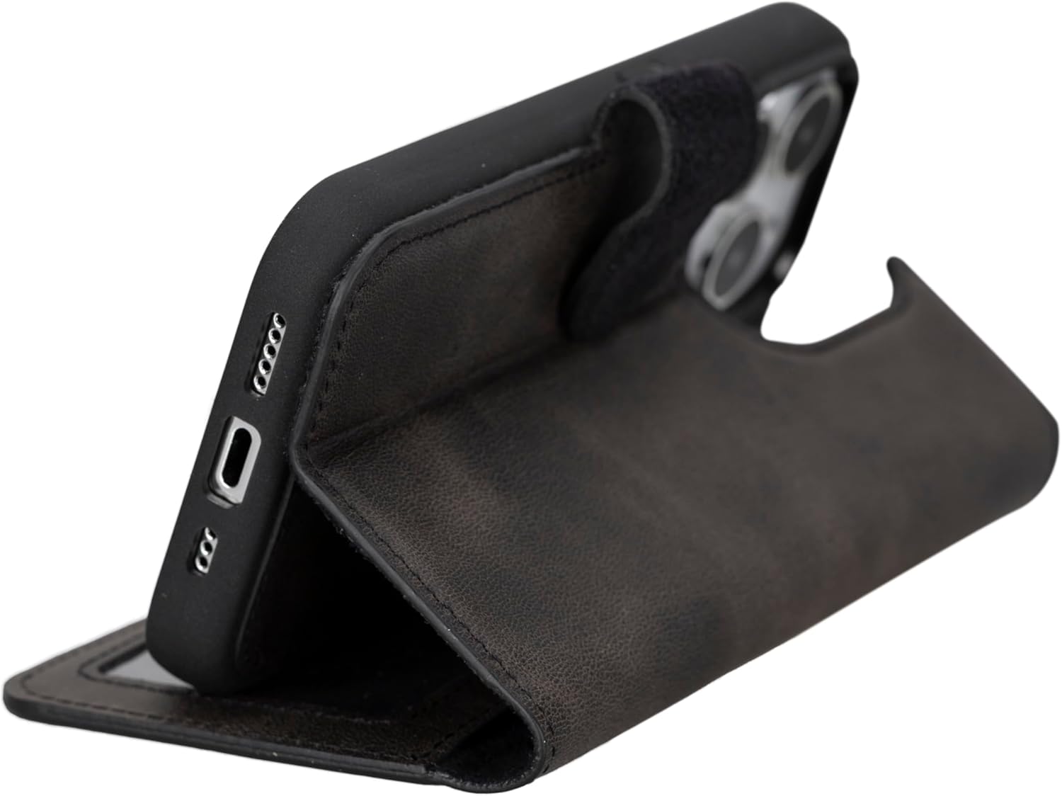 HARDISTON Genuine Leather Handmade Wallet Case Compatible with iPhone 15 Pro - MagSafe Compatible - Pro Detachable Magnetic Flip Cover with Card Holders - Horizontal Kickstand (Black) - Image 3