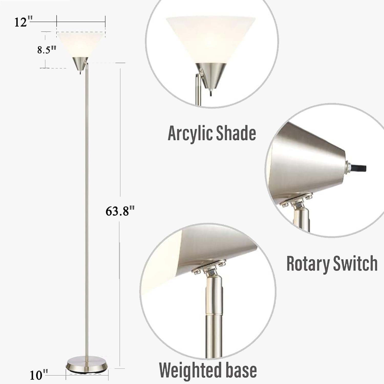 Minimalistyczna lampa stojąca, obrotowa głowica, przełącznik, biurowa lampa stojąca, biała, metal, PCW