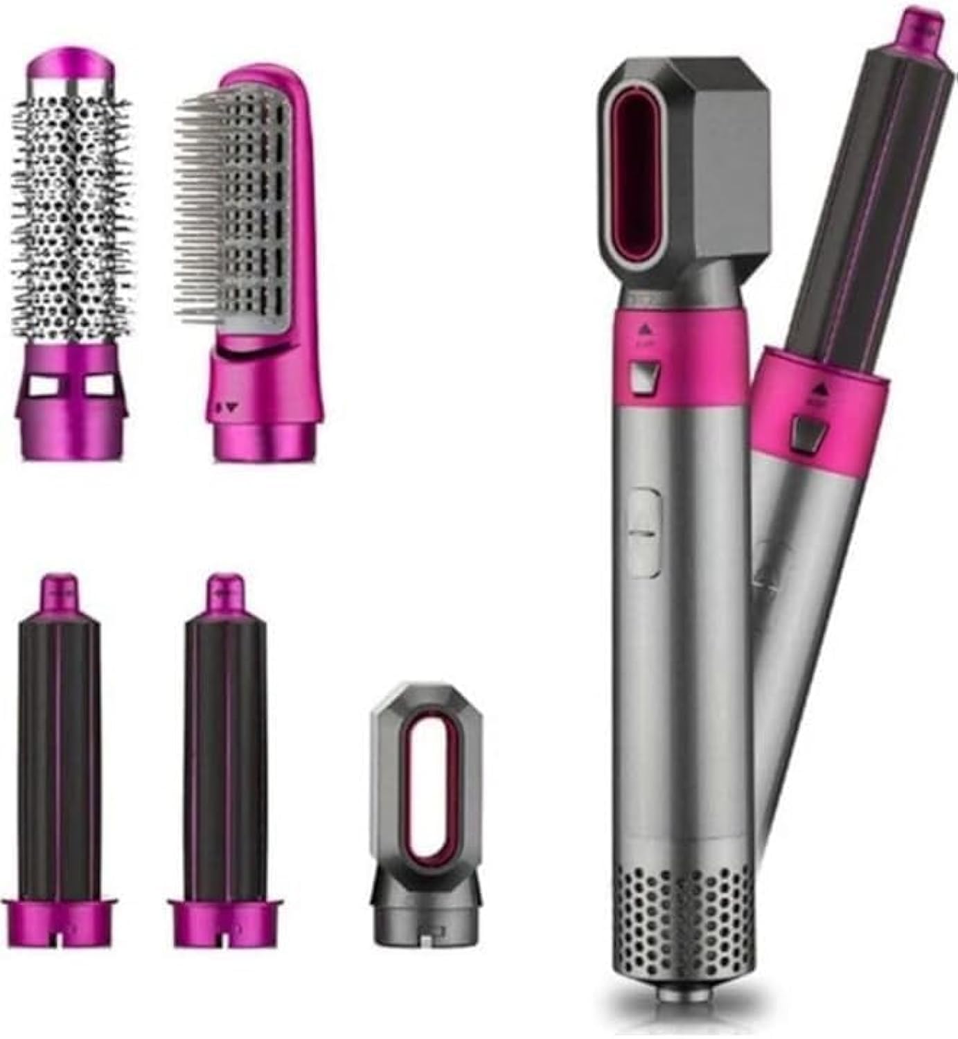 ELTERAZONE 5-In-1 Volumizer Rotating Hair Dryer And Straightener With Comb And Curling Brush Grey 28 x 22 x 5cm