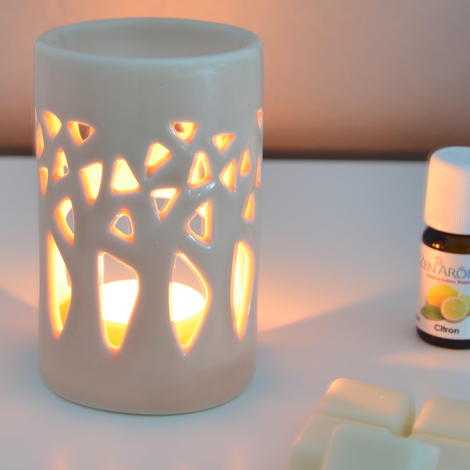 Brûle Parfum Brûleur Fondant Cire Parfumée - Difusor de Aceite y Fragancia - Portavelas de cerámica con proyección de luz - 11 cm de Altura Forêt Gris- Zen'Arôme