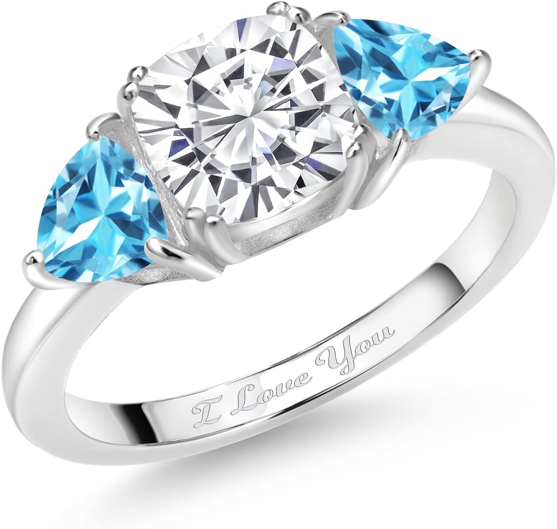 Gem Stone King Customized Personalized Engraved 3-Stone Ring For Women | 925 Sterling Silver | 7MM Cushion and 5MM Trillion Cut Gemstone Birthstone | Available In Size 5, 6, 7, 8, 9