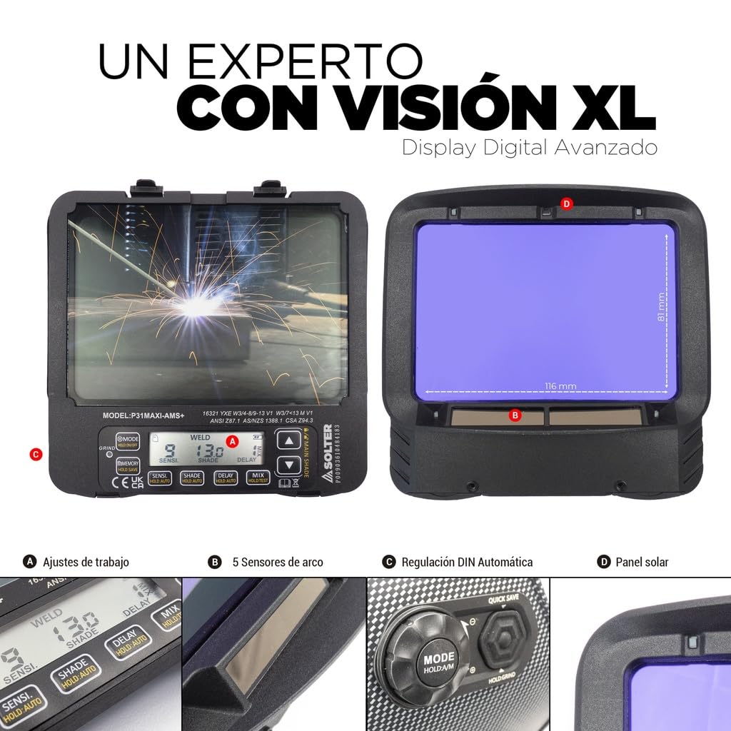 Solter HELLMET R-35 FLOW, pantalla automática con PAPR TH3P, visor 116×81 mm, DIN 4–8/9–13, caudal 170/200/230 L/min, 4+1 sensores, protección respiratoria activa para soldadura y amolado