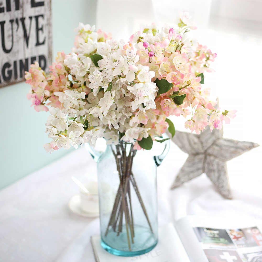 Artificial Flowers, Fake Flowers Silk Plastic Artificial Cherry Blossom Bridal Wedding Bouquet for Home Garden Party Wedding Decoration 3PC (White & Light Pink)