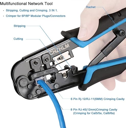 Miniatura 2 de CHZHLM Kit de herramientas de crimpado RJ45 para Cat5 Cat5e Cat6 Conector de enchufes modulares 6PRJ-11 RJ12 8PRJ45 Herramienta de crimpado de red