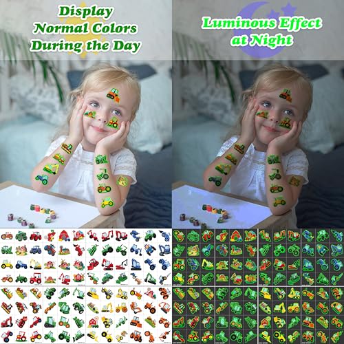 Image of 96 PCS Tractor Pre-Cut Luminous Glow in the Dark Temporary Tattoos for Kids | Farm Farmhouse Theme Birthday Party Favors, Supplies, Decorations, Fake Tattoo Stickers, Rewards & Gifts For Boys & Girls