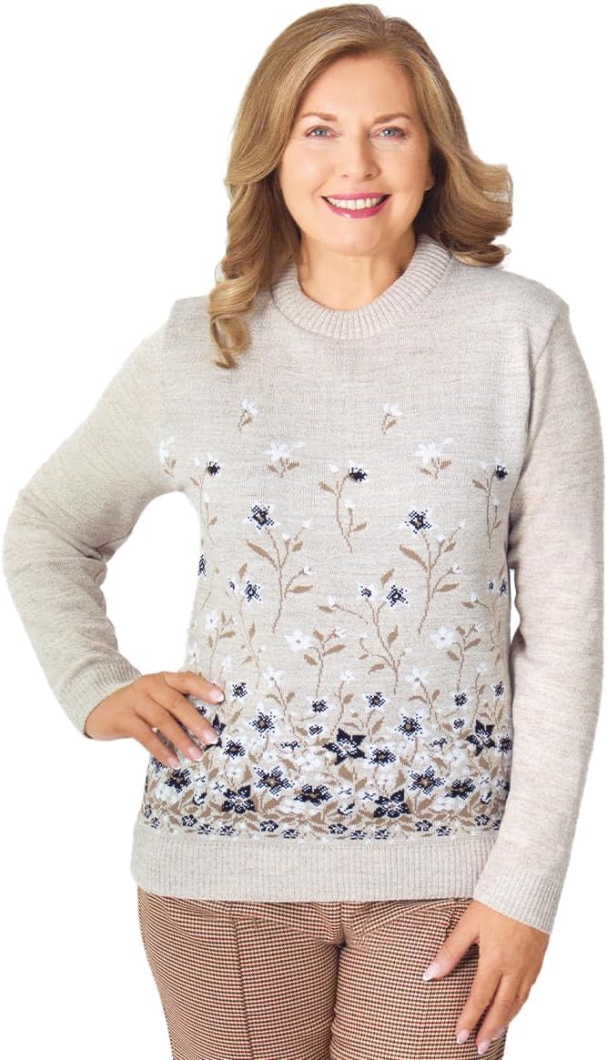 Fashion Friendly Floral Crew Neck Jumper Beige Medium (S/M)