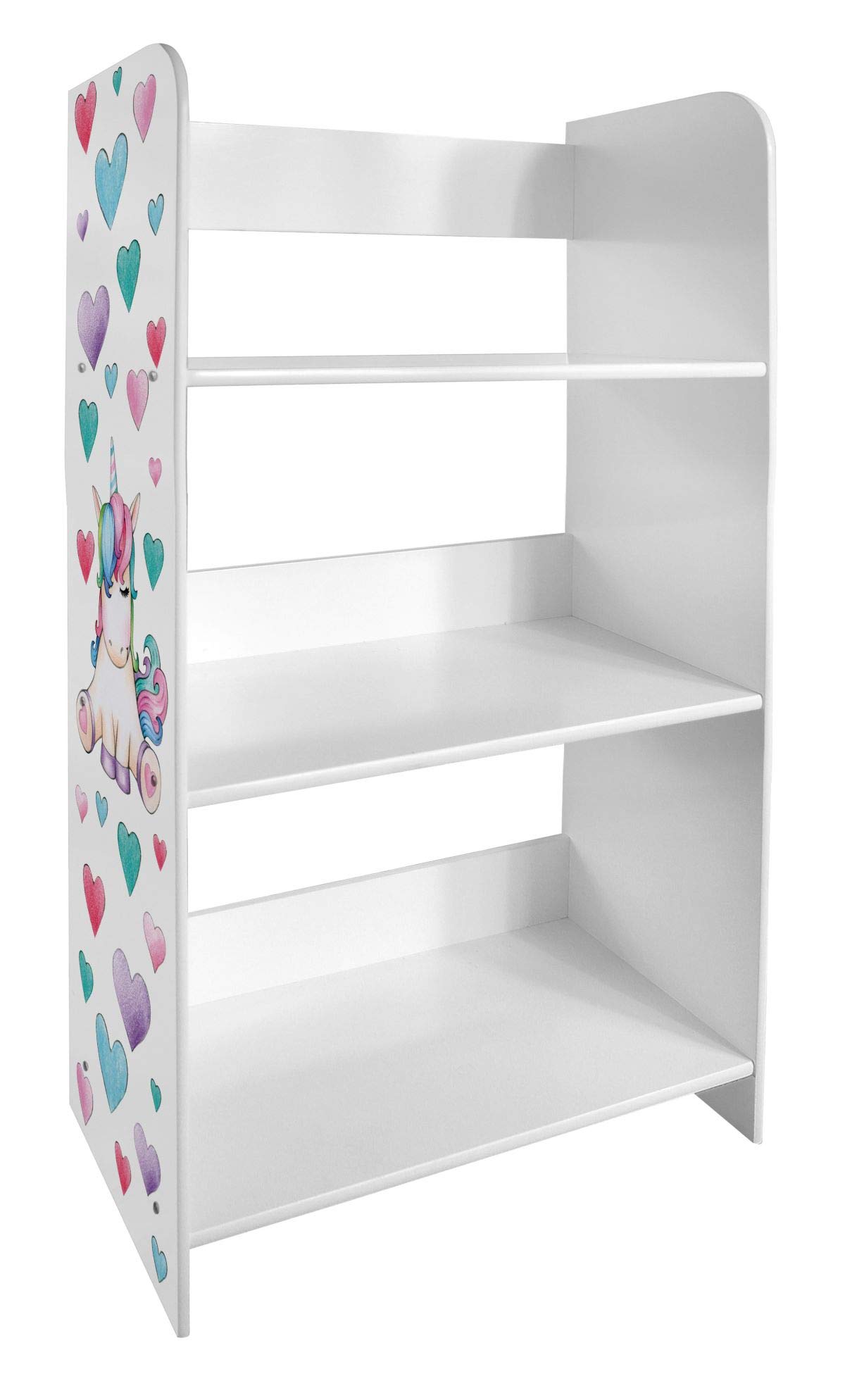 Leomark Biały Regał 3 Szafki z Motywem - Jednorożca - Półka na Książki i Zabawki - Stylowy Mebel Dziecięcy Do Przedszkola Biblioteki - Praktyczne Przechowywanie 102 x 33 x 61cm.