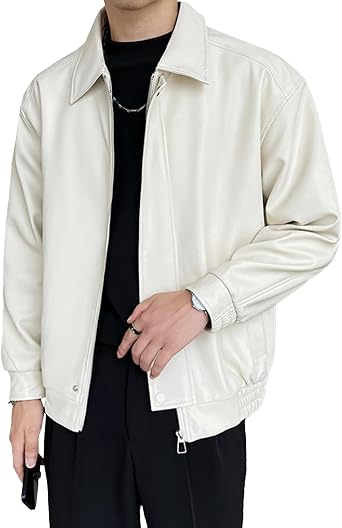 DGHM-JLMY Mens Casual Faux Leather Jacket Lapels Simple Long Sleeve Lightweight Outwear Solid Color Pu Leather Jacket Coat