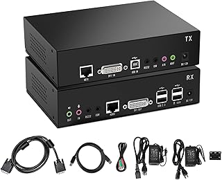 DVI USB KVM Extender 100m(328ft) Over Single Cat5e/Cat6 Cable, 1920x1200@60Hz EDID, Extends Video Audio USB, RS-232 Signals, Point to Point, Zero Latency, Incl.Transmitter and Receiver (New Version)