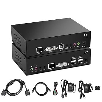 DVI USB KVM Extender 100m328ft Over Single Cat5e/Cat6 Cable, 1920x1200@60Hz EDID, Extends Video Audio USB, RS-232 Signals, Point to Point, Zero Latency, Incl.Transmitter and Receiver New Version