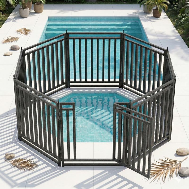 Metal Swimming Pool Fence 73ft (L) × 40in (H), 28 Panels & 4 Gates, In-Ground Pool Safety Fence with Reinforced Stakes, for Patios & Gardens, Black-Silver