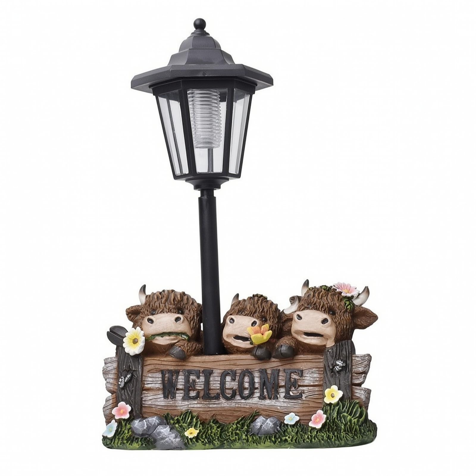 Qianly Estatua Jardín con Farola Solar Rústica Figura Bóvido con Luz sin Conexión Eléctrica Cables Estatua Luz LED para Patio