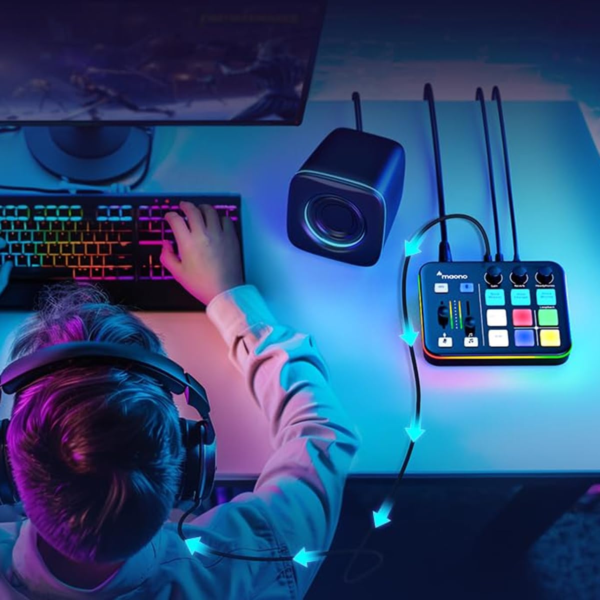 Mikser audio do gier, strumieniowanie RGB z interfejsem audio XLR do mikrofonu, zasilanie fantomowe 48 V, zmiana głosu, redukcja szumów, efekty dźwiękowe DIY