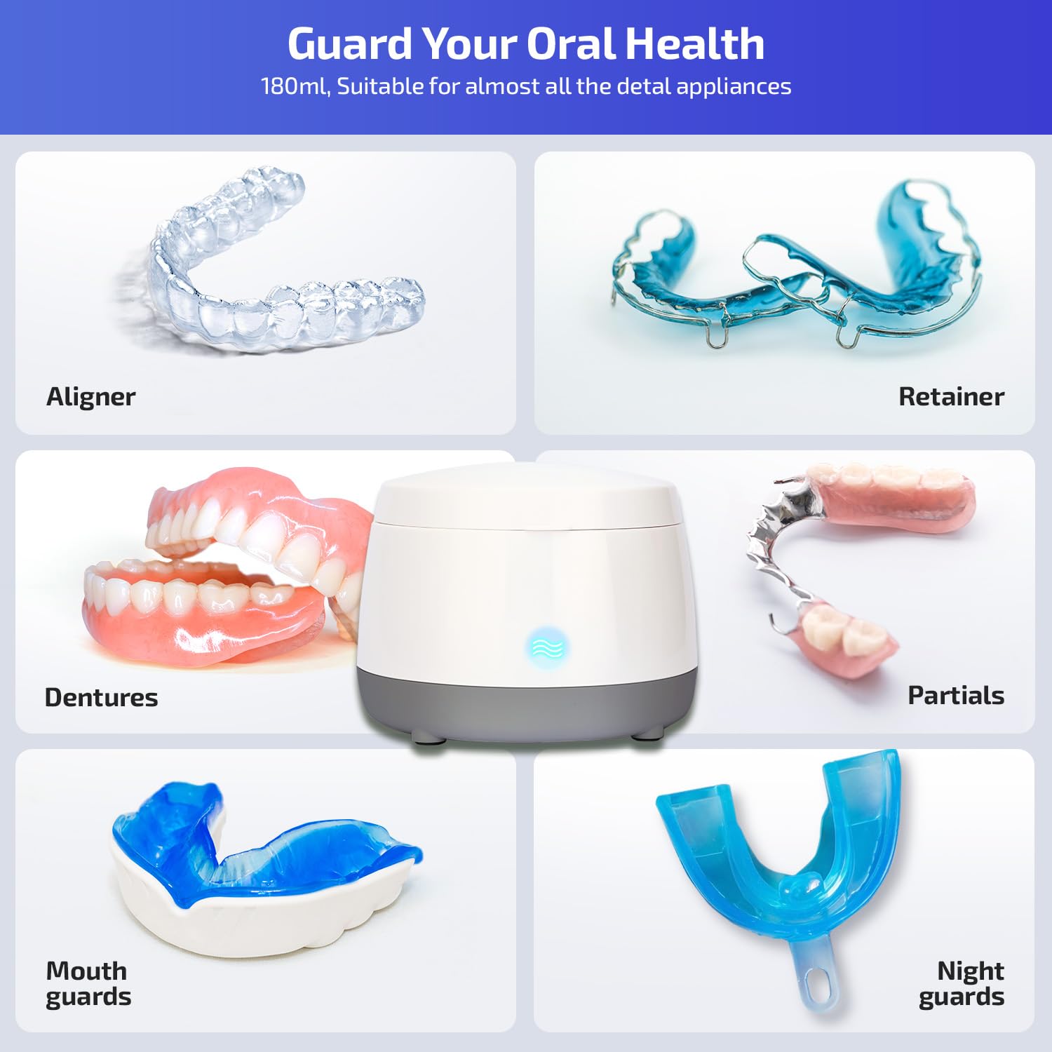 Appareil de nettoyage dentaire à ultrasons : dosette de nettoyage dentaire 43 kHz – Nettoyage en profondeur pour prothèses dentaires, protège-dents, aligneurs, protège-nuit, appareils dentaires, têtes