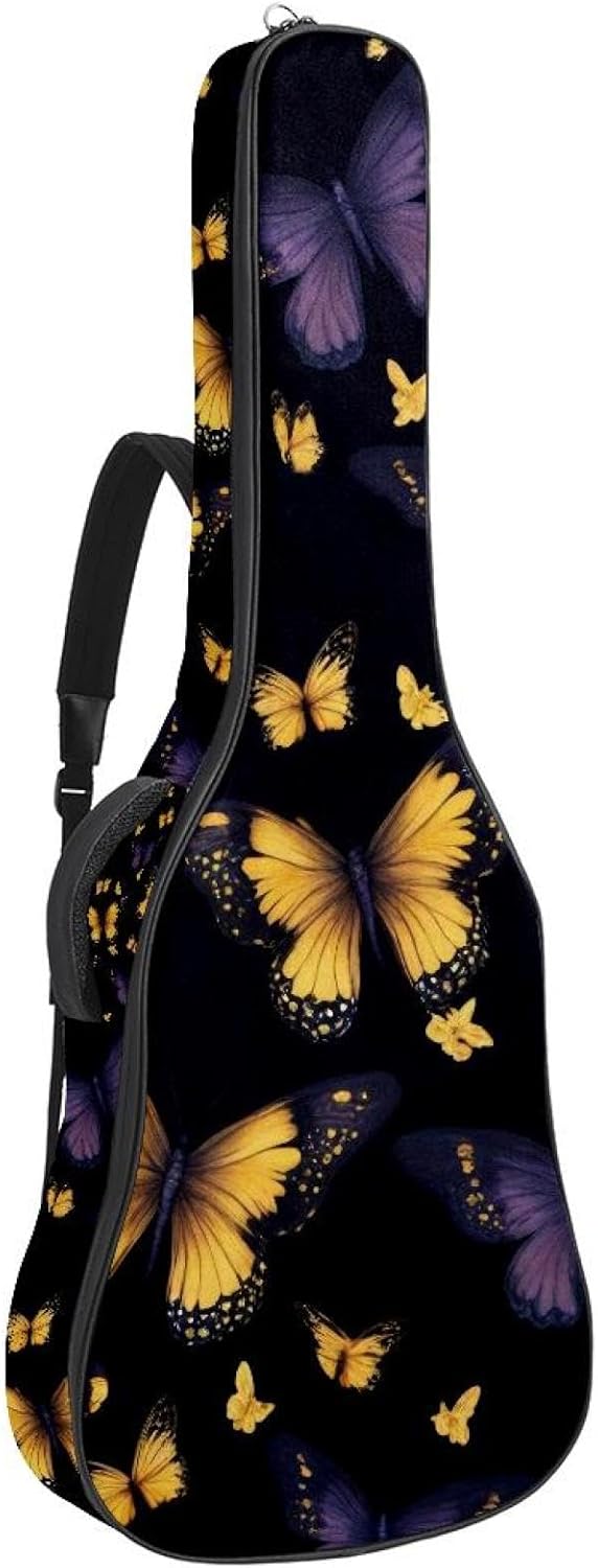 Acoustic Guitar Gig Bag 10mm Thick Padding, Soft Waterproof Guitar Case with Adjustable Backpack Straps for 40-42 Inch Guitar, Warecolor Yellow Purple Butterflies Black Background