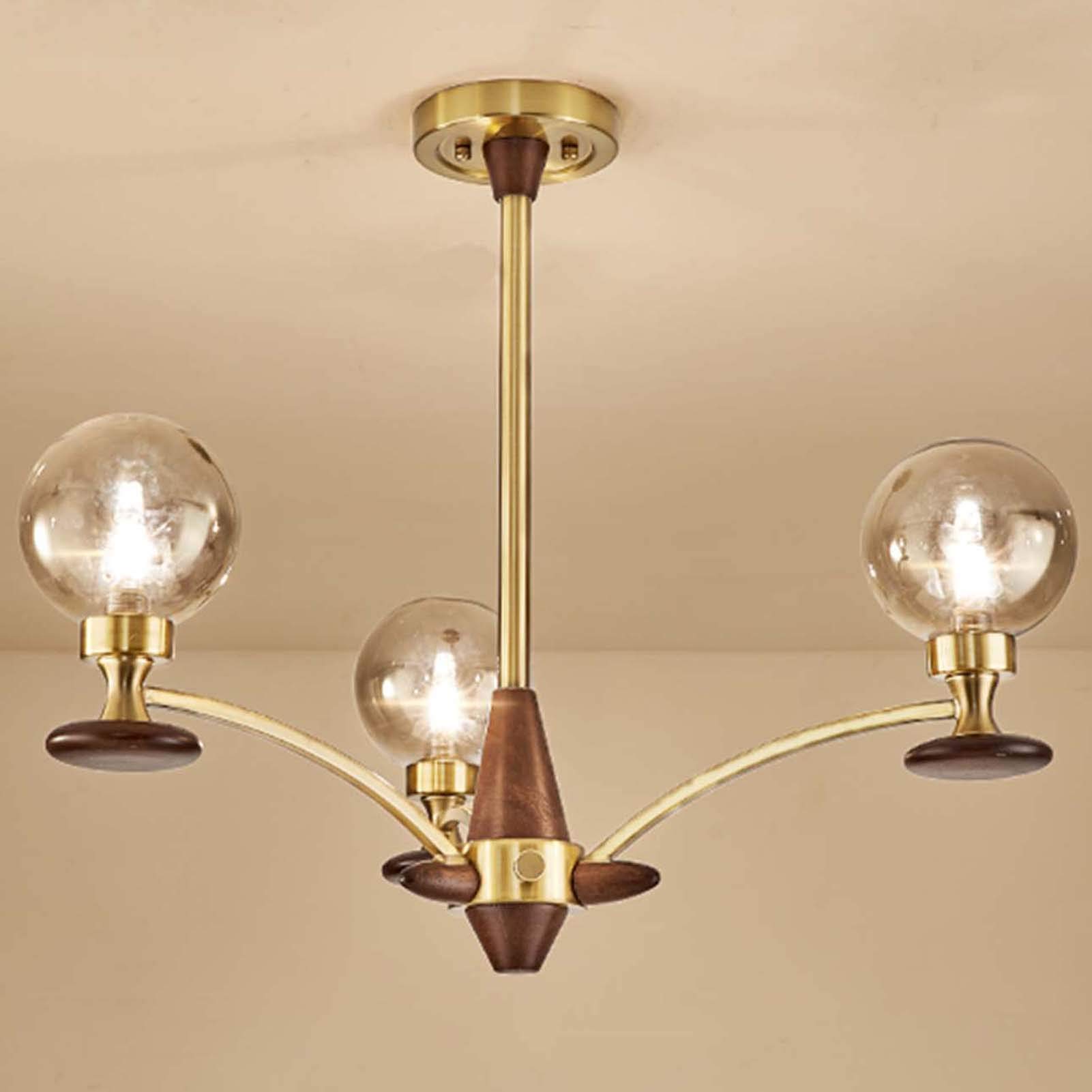 Vintage 3-Lights Gold Metal Sputnik Chandelier Delicate Wood Decor Modern Spherical Glass Hanging Light for Kitchen Island Dining Room Sink Bar-Copper-Based Walnuts and Smoky Gray Glass 3