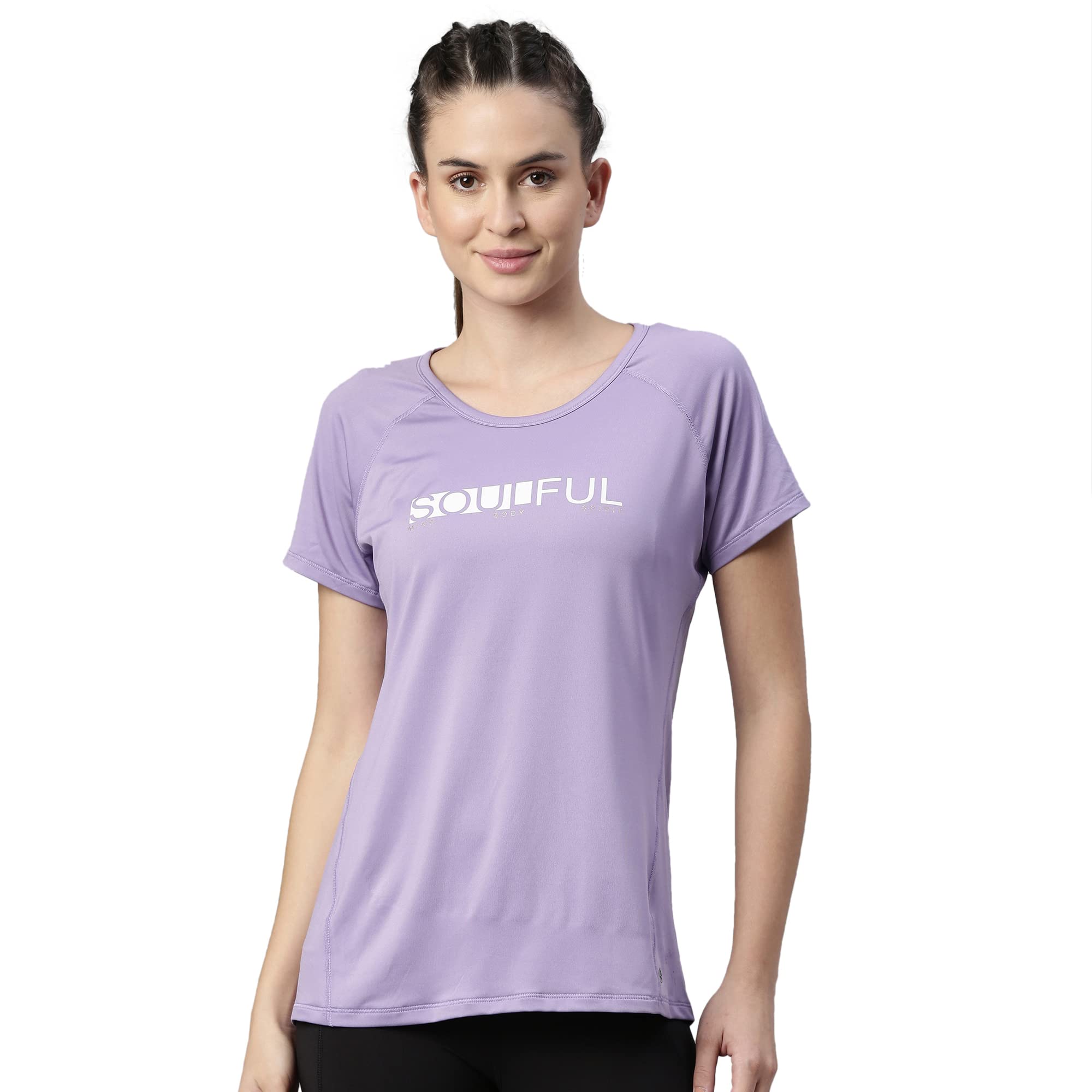 enamor Athleisure Women's Polyester Relaxed Fit Long Length Raglan Sleeves Scoop Neck Quick Dry 4 Way Stretch Antimicrobial Graphic Tee - E163(E163-Jet Black / Soulful Graphic-L)-picture-16