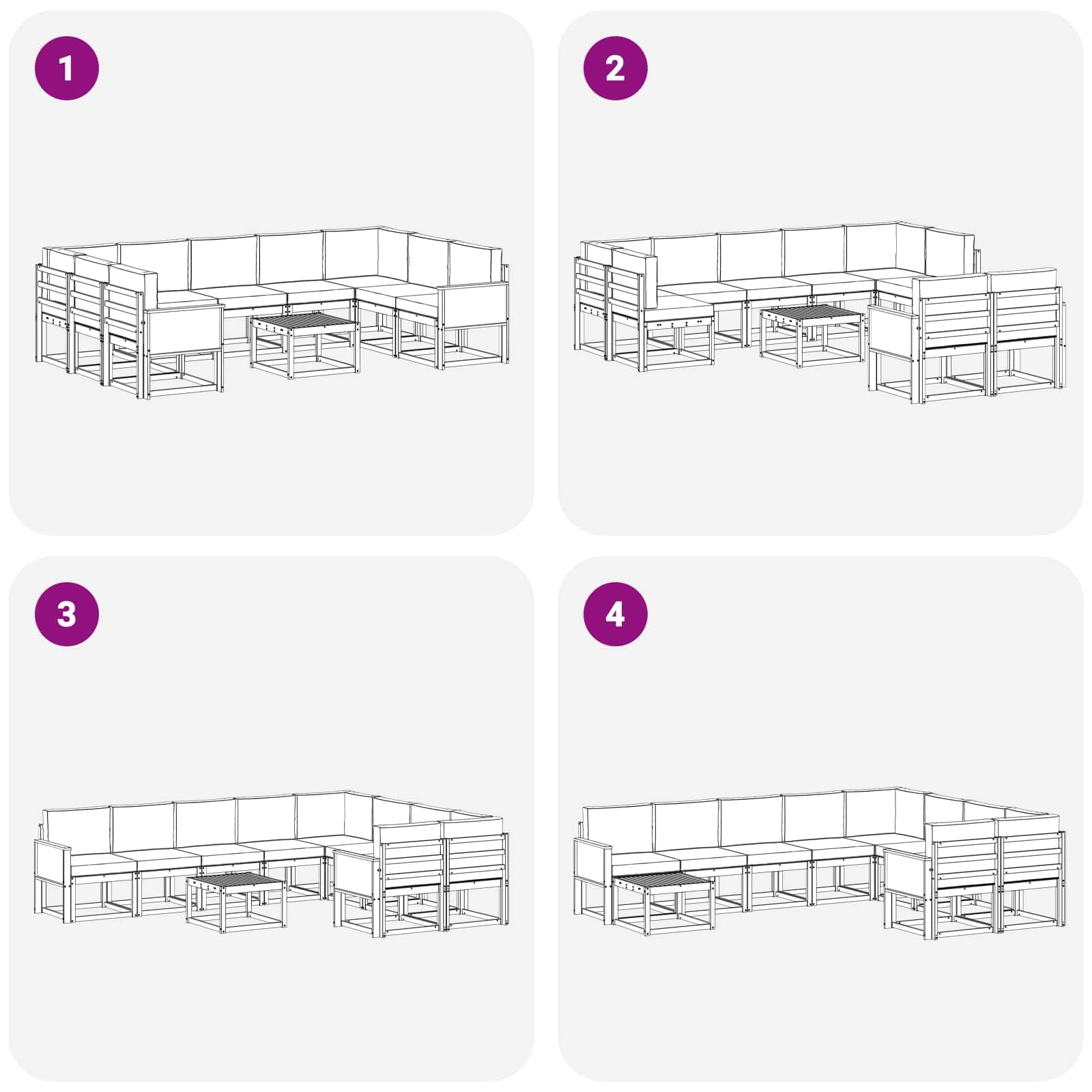Gartenmöbelgarnitur Set mit 10 Kissen, wetterfestes Akazienholz, modulares Design für Terrasse, Balkon und Garten, langlebig, stilvoll, platzsparend, inklusive Tisch, Sofas und Armlehnen