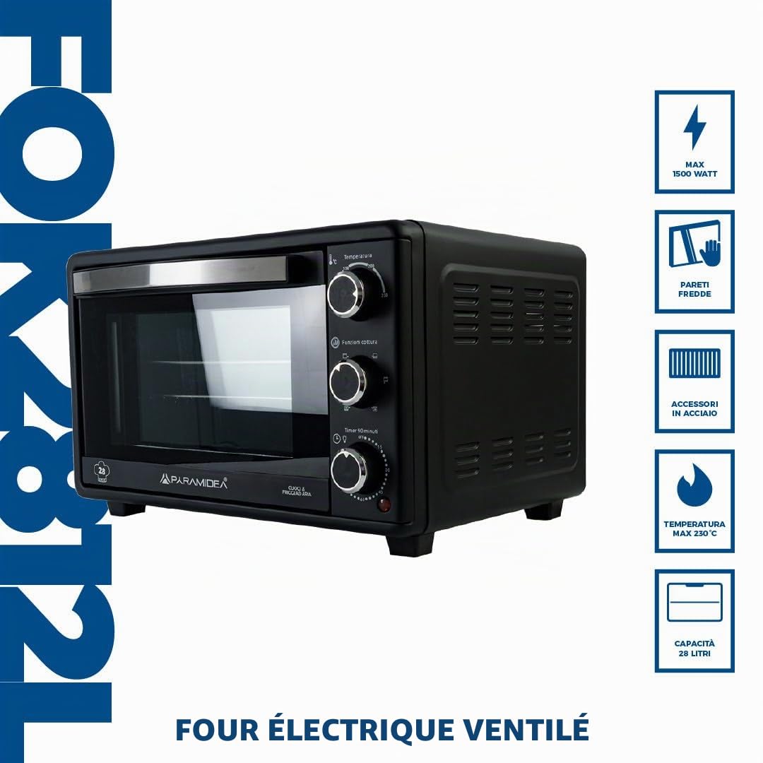 Four électrique ventilé, capacité 28 litres 1500 W, le seul four avec plaque de cuisson iN en acier inoxydable qui cuit mieux est lavable au lave-vaisselle des milliers de fois, parois antiadhésives