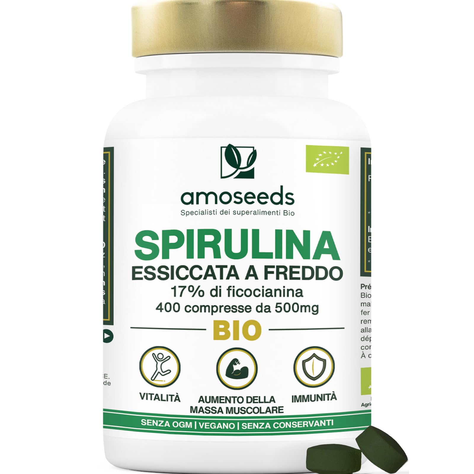 Spirulina BIO, 4500mg al giorno | 17% Ficocianina, essiccata a freddo | 400 compresse vegane de 500mg | Vitamine, Diminuisce la stanchezza, Sistema immunitario | Qualità superiore