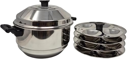 Tabakh IC-224 Cocina Idli de acero inoxidable con soporte de 4 estantes y placa multiusos, hace 16 unidades