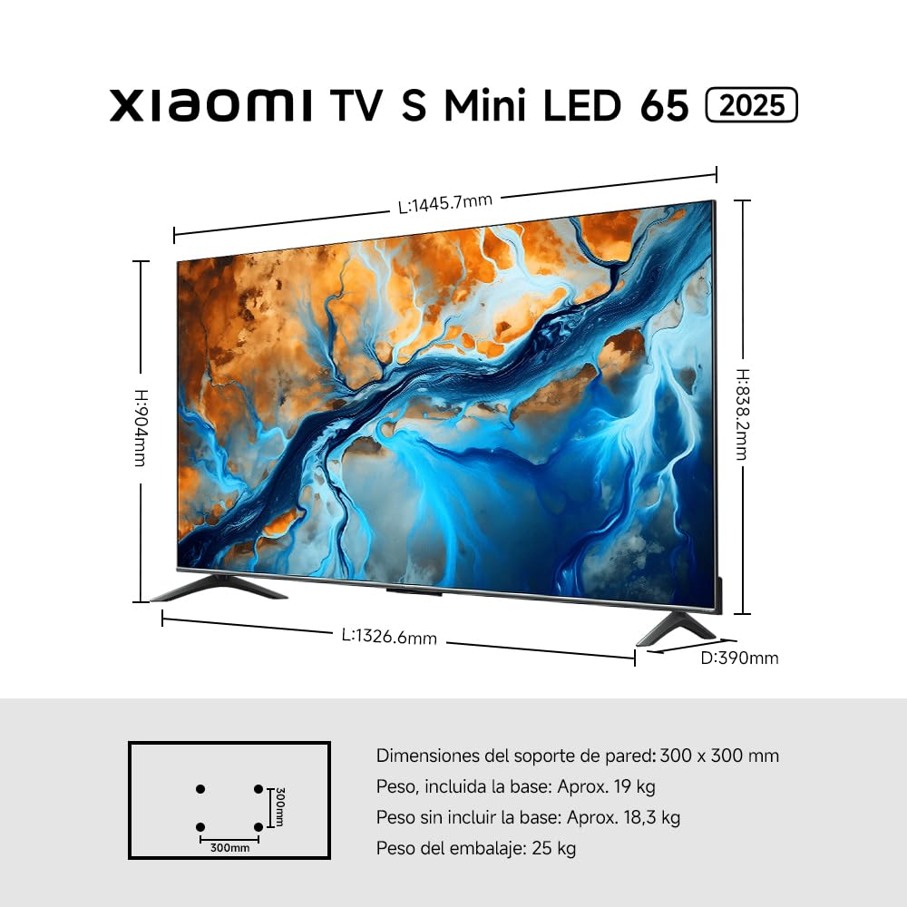 XIAOMI TV S Mini 65", Diseño sin Bordes, Google TV, QD-Mini LED, 1200 nits de Brillo máximo, Alta tasa de refresco 4K de 144 H,Ultra Fluido para Gaming, Dolby Vision IQ & Dolby Atmos,Google Assistant