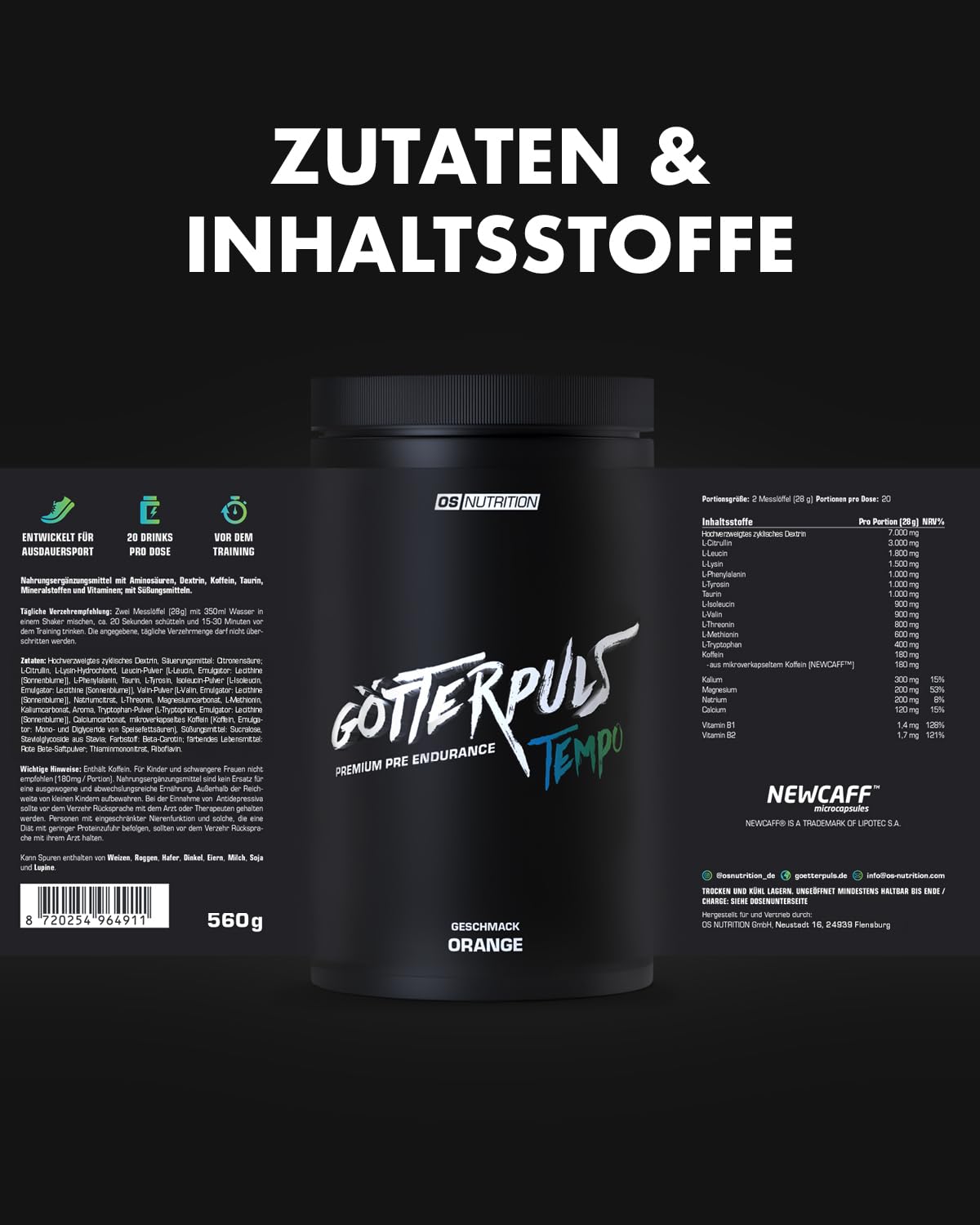 Götterpuls Tempo Pre Endurance 560g Pulver Orange | Mit L-Citrullin + EAA + Cyclic Dextrin + NewCaff + Elektrolyte – 175mg Koffein – Für Ausdauersport – 20 Portionen