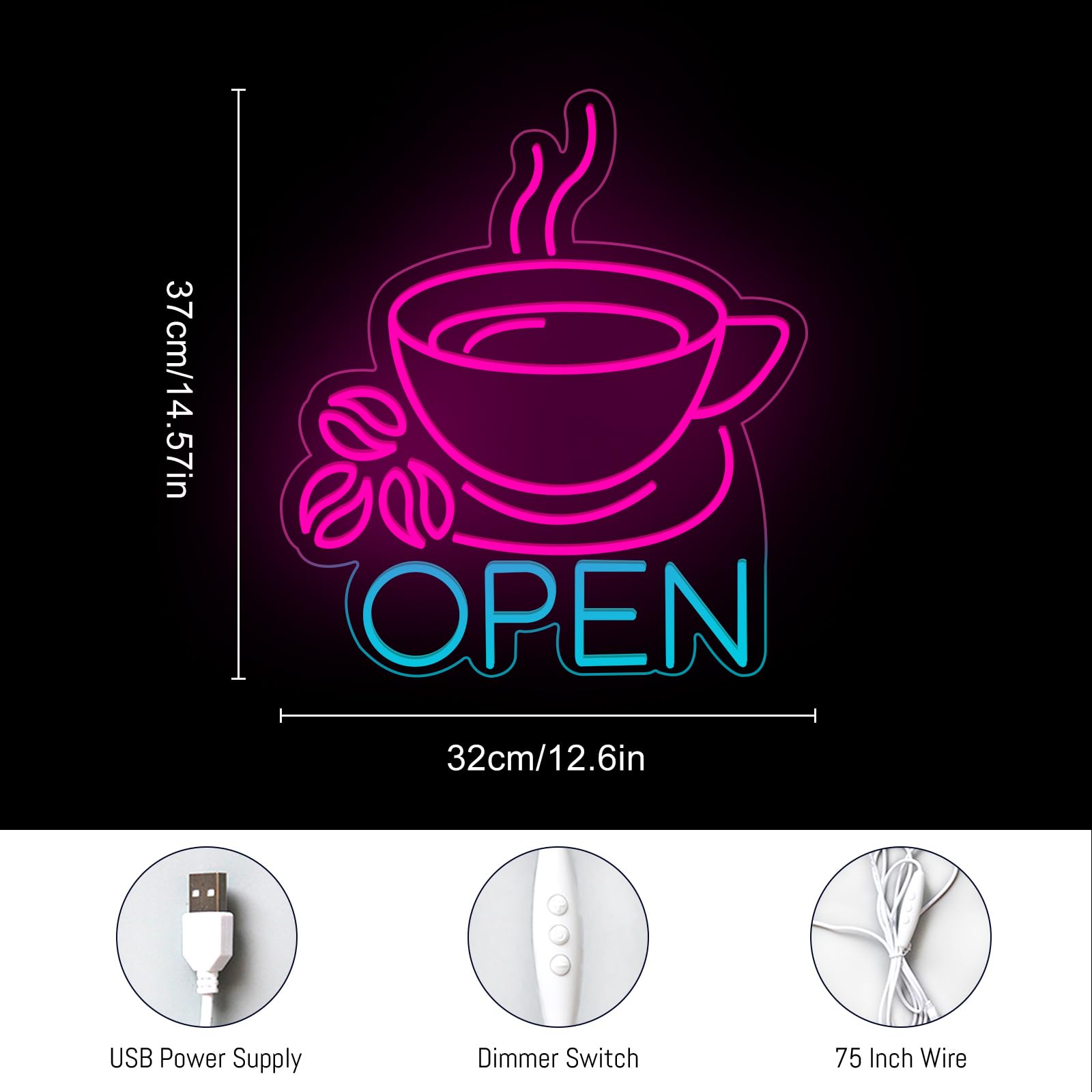 Coffee Open Neon Sign Dimmable USB Powered Business Neon Coffee Sign Cafe Bar Wall Window Decor Sign LED Neon light For Coffee Shop Welcome Sign - Image 3