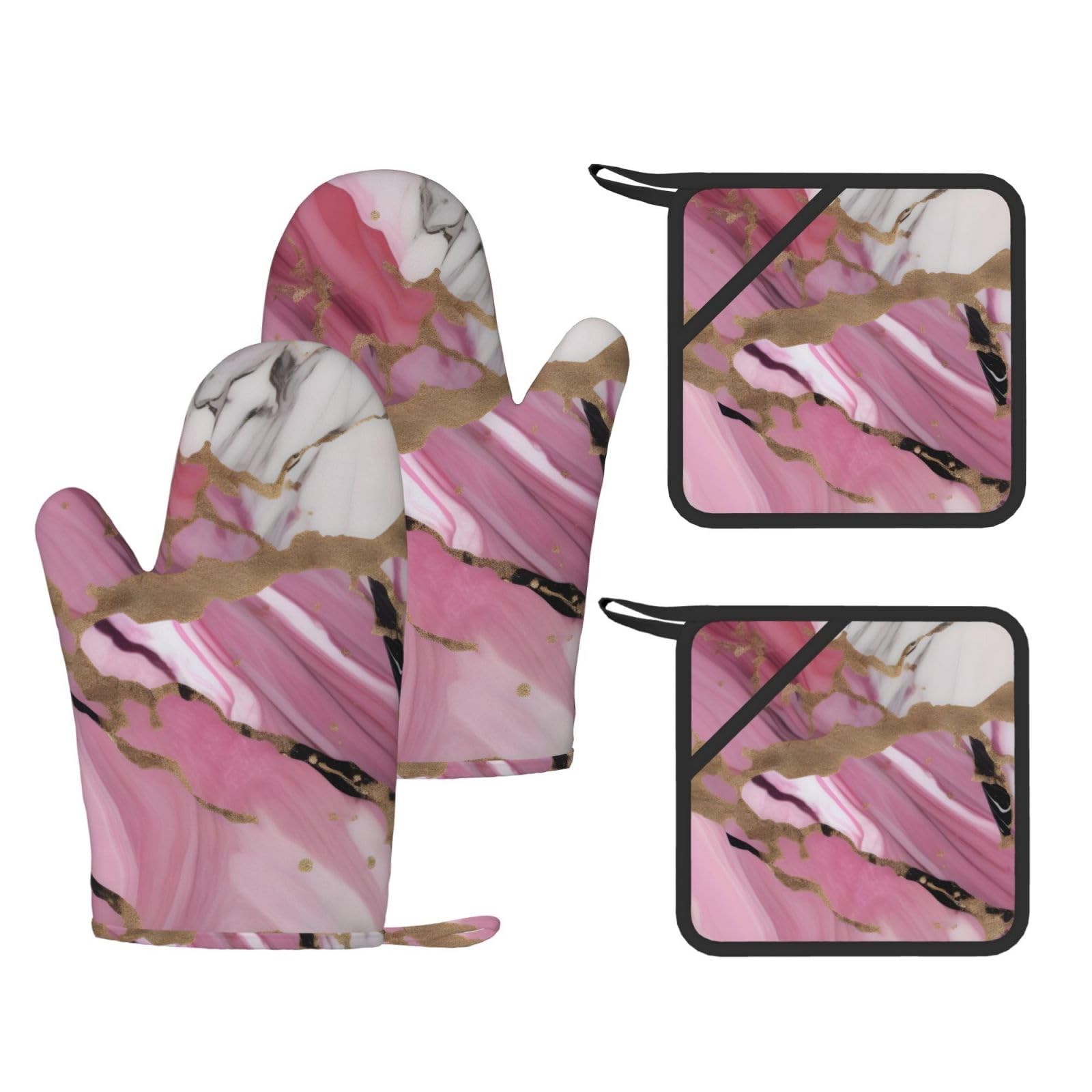 Maniques en silicone marbre rose et blanc - Lot de 4 gants de cuisine résistants à la chaleur