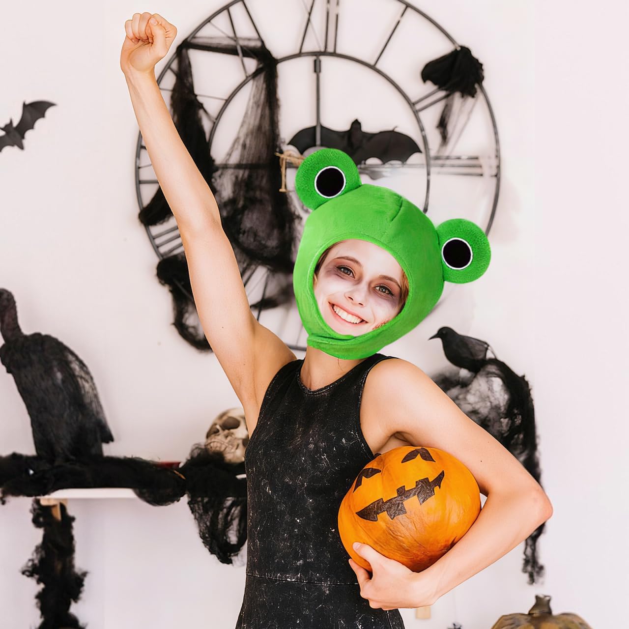 Amosfun Plush Frog Hat Adult, Funny Plush Animal Hat with Big Eyes, Cute Frog Costume Accessories for Adult, Kids Party Dress up Holiday Cosplay Costume (Green) - Image 9