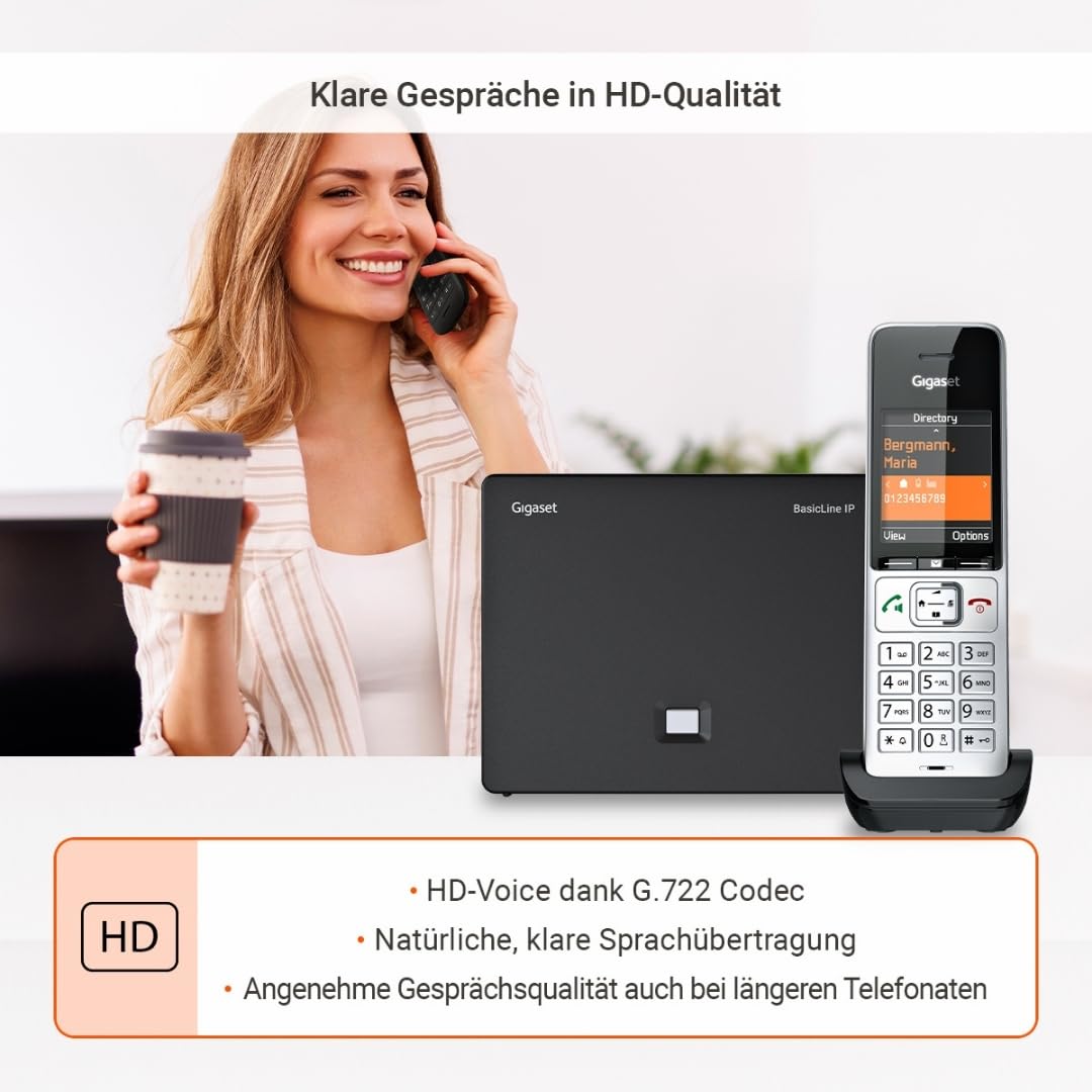 BasicLine IP + Comfort 500HX – Basisstation für Internet-Telefonie, kombiniert mit einem HX-Mobilteil, HD-Sprachqualität, Made in Germany, Silber-schwarz [Kompatibel in DE, IT, FR, NL, BE, ES, Che]