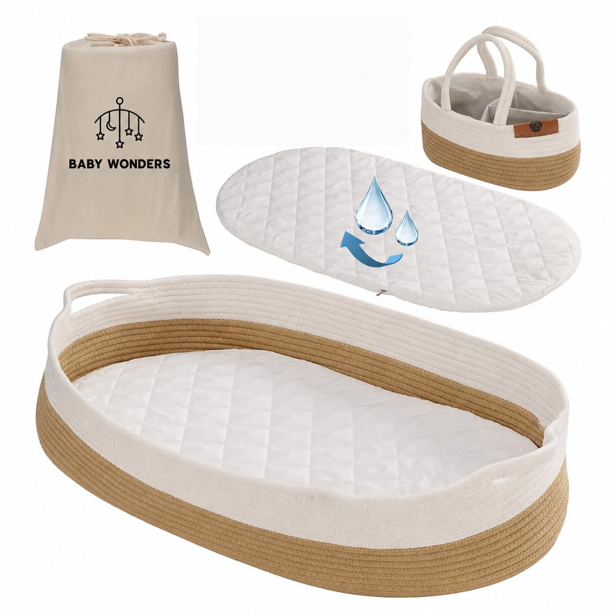 Baby Wonders® Cesta Cambiador Bebé – Cambiador para Bebé con Colchón Acolchado e Impermeable, Canasta con Cesta Organizadora para Pañales y Bolsa de Transporte