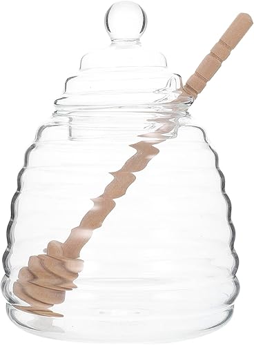 Cabilock Tarro de miel de vidrio transparente con tapa y tapa dispensador de miel barra agitadora tarro de almacenamiento de vidrio tarro de