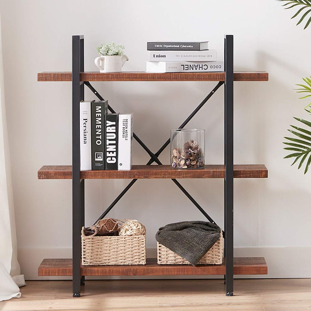 HSH Natural Real Wood Bookshelf, 3 Tier Rustic Vintage Industrial
