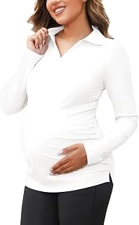 Bhome Maternity Golf Tennis Polo Shirts V Neck Pregnancy Long Sleeve Collared Work Tops Athletic Yoga Tee for Women