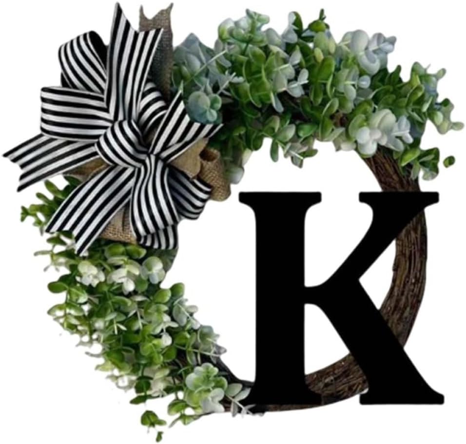 Last Name Year Round Front Door Wreath with Bow K Letter Welcome Signs Porch Decoration, Welcome Sign for Front Door